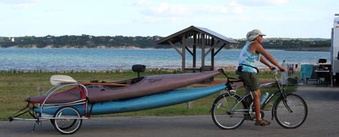bikesnboats Steve pulling kayaks by bike